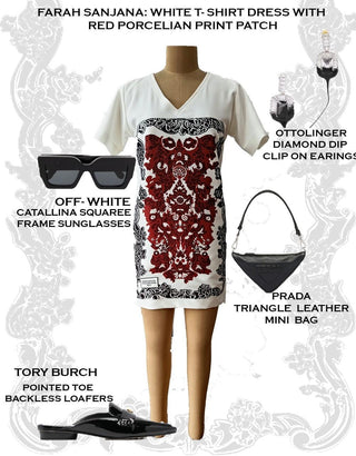 White T-Shirt Dress with Red Porcelain Print Patch