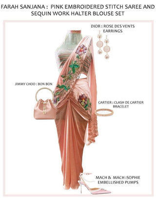 Pink Embroidered Stitch Saree paired with a Sequin Work Halter Blouse - Farah Sanjana