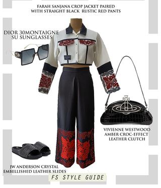 Crop Jacket Paired with Straight Black Rustic Red Pants - Farah Sanjana