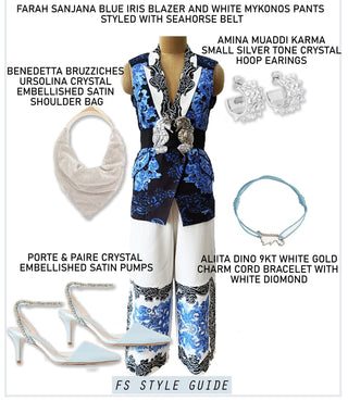 Blue Iris Blazer and White Mykonos Pants Styled with Seahorse belt - Farah Sanjana