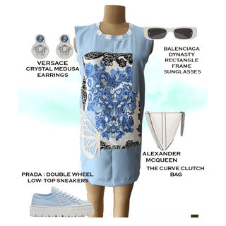 Light Blue Mykonos Dual Print Patch T-Shirt Dress - Farah Sanjana