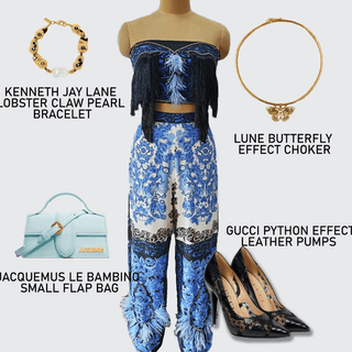 Blue Iris Fringe Tube Top and Two Tone Blue Iris Feather Pants