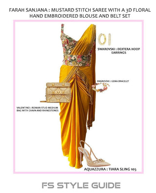 Mustard Saree with 3D Floral Hand Embroidered Blouse and Belt Set