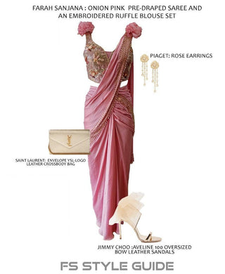 Onion Pink Pre-Draped Saree and Embroidered Ruffle Blouse Set - Farah Sanjana