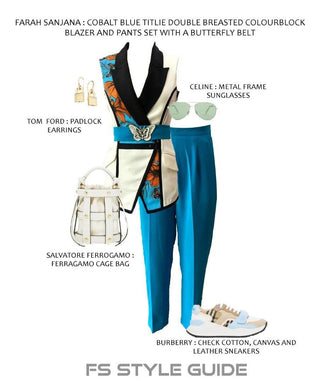 Cobalt Blue Titlie Double-Breasted Colourblock Blazer and Pants Set, with a Butterfly Belt - Farah Sanjana