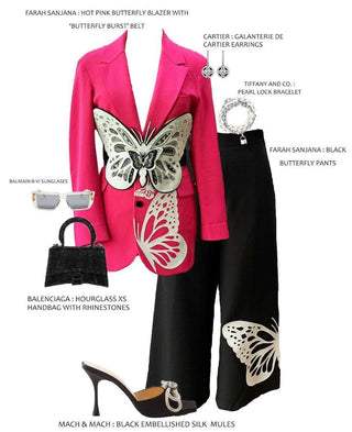 Hot Pink Butterfly Blazer with Black Butterfly Pants with Butterfly Burst Belt - Farah Sanjana