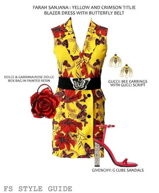 Yellow and Crimson Titlie Blazer Dress with Butterfly Belt - Farah Sanjana