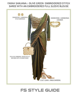 Olive Green Embroidered Stitch Saree with an Embroidered Full Sleeve Blouse - Farah Sanjana