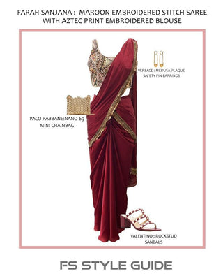 Maroon Embroidered Stitch Saree with Aztec Print Embroidered Blouse - Farah Sanjana