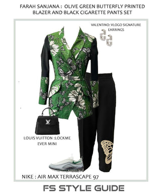 Olive Green Butterfly Printed Blazer and Black Cigarette Pants Set - Farah Sanjana