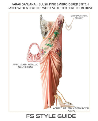 Blush Pink Embroidered Stitch Saree with a Leather Work Sculpted Feather Blouse - Farah Sanjana