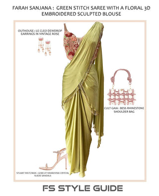 Green Stitch Saree with a Floral 3D Embroidered Sculpted Blouse - Farah Sanjana