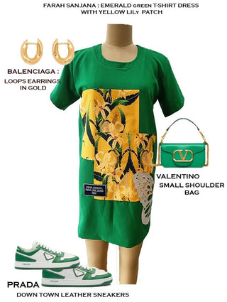 Emerald Green T-Shirt Dress with Yellow Lily Patch - Farah Sanjana