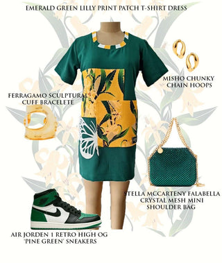 Emerald Green Lily Print Patch T-Shirt Dress - Farah Sanjana