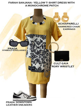 Yellow T-Shirt Dress with a Monochrome Patch - Farah Sanjana