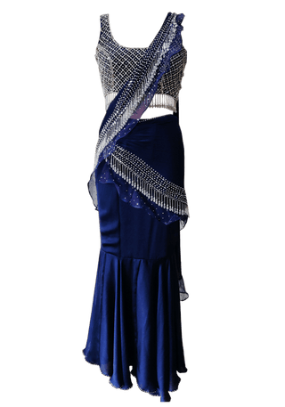 Navy Blue Fish Cut Saree With Crystal Blouse Set - Farah Sanjana