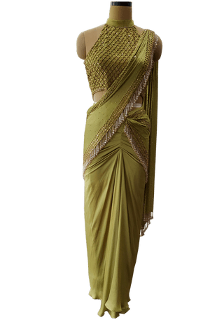 Olive Green Saree with Halter Crystal Blouse Set - Farah Sanjana