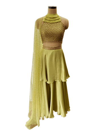 Olive Green Two Layer Lehenga Set - Farah Sanjana