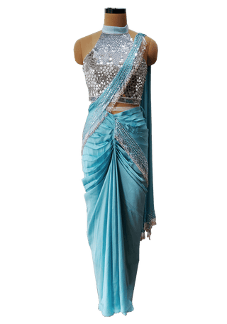 Aqua Blue Halter Blouse Saree Set - Farah Sanjana