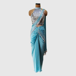 Arctic Blue Pre-Draped Saree Set - Farah Sanjana