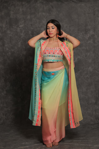 Aztec Coral Dhoti Cape Set