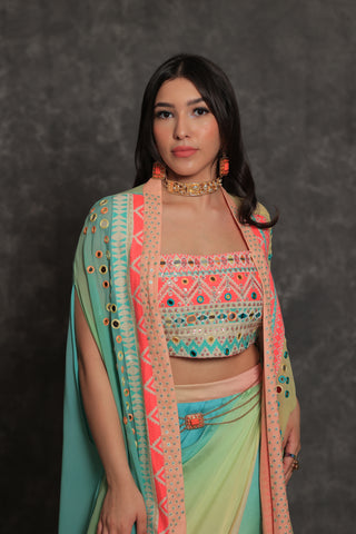 Aztec Coral Dhoti Cape Set