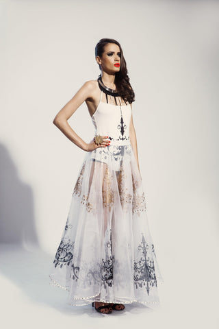 Black And Gold Chandelier Block Print On A White Organza Sheer Skirt - Farah Sanjana