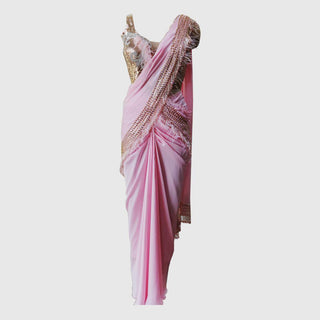 Blush Pink Feather Pre-Draped Saree Set - Farah Sanjana