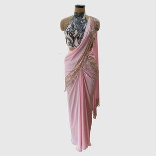 Blush Pink Pre-Draped Saree With Seahorse Halter - Farah Sanjana