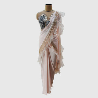 Blush Pink Ruffled Pre-Draped Saree Set - Farah Sanjana