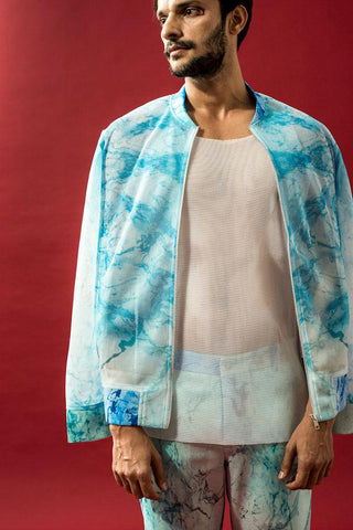 Blue Wave Print Men's Bomber Jacket - Farah Sanjana