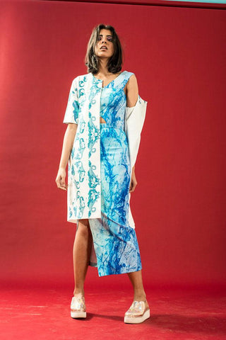 Blue Wave Print Cutout Dress - Farah Sanjana