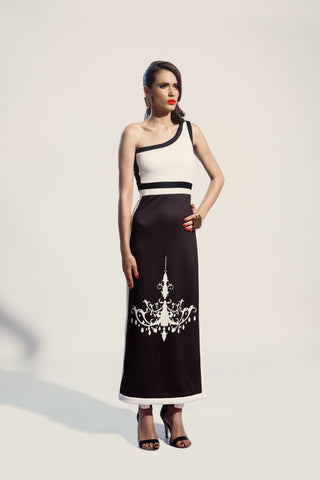 Black & White One Shoulder Chandelier Print Dress - Farah Sanjana