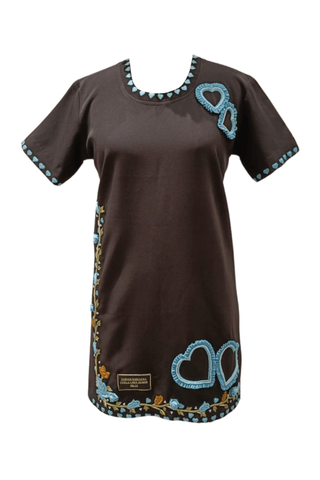 Black Embroidered Blue Heart T-Shirt Dress - Farah Sanjana