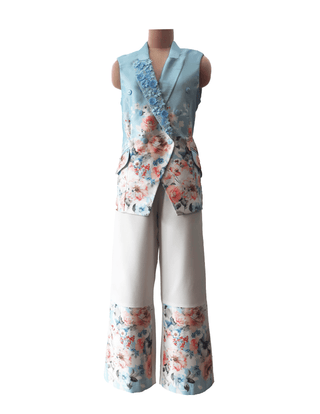 Blue Floral Satin Blazer Set - Farah Sanjana