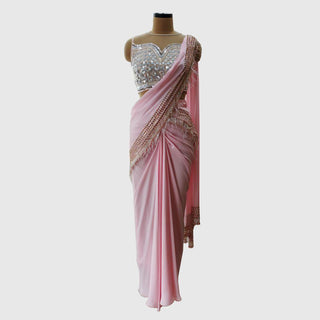 Blush Pink Pre-Draped Saree With Sequin Blouse - Farah Sanjana