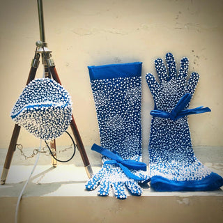 Cobalt Blue Pearl Encrusted Mask and Gloves Set - Farah Sanjana