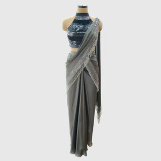 Charcoal Grey Pre-Draped Saree Set - Farah Sanjana