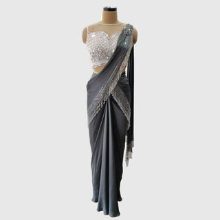 Charcoal Grey Pre-Draped Saree With A Pale Pink Sequin Blouse - Farah Sanjana