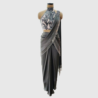 Charcoal Grey Pre-Draped Saree Set - Farah Sanjana