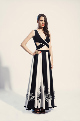 Chandelier Print Monochrome Paneled Flared Skirt - Farah Sanjana