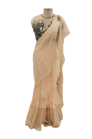 Delicate Ruffle Pink Saree Set - Farah Sanjana