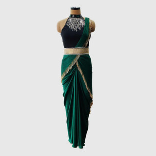 Emerald Green Pre Draped Saree Set - Farah Sanjana