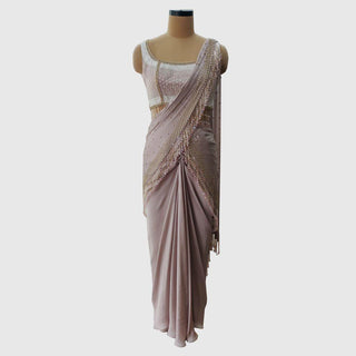 Fawn Grey Pre-Draped Saree Set - Farah Sanjana