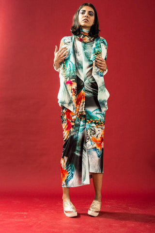 Fish Reflection Print Drape Dress - Farah Sanjana