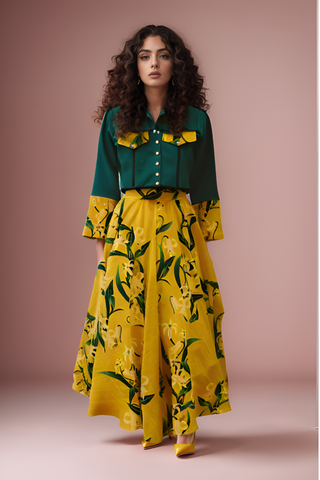 Yellow Lilly Green Jacket Skirt Set