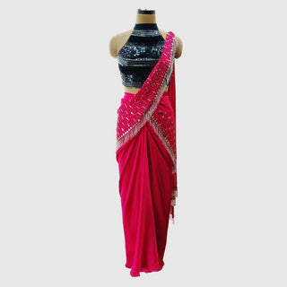 Hot Pink Pre-Draped Saree Set - Farah Sanjana