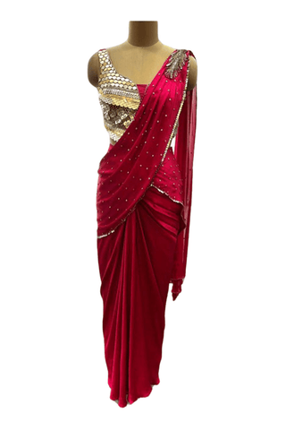 Hot Pink Saree, Sculpted Gold Blouse - Farah Sanjana