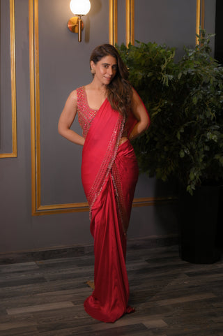 Hot Pink Gold Embellish Pre-Draped Saree