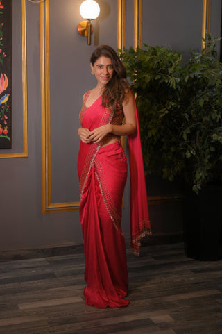 Hot Pink Gold Embellish Pre-Draped Saree